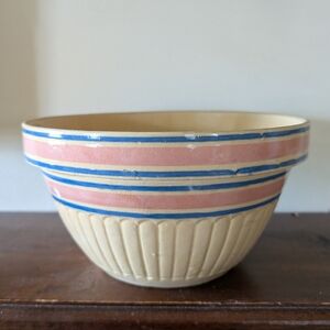 Antique Rare Stoneware Yellow Ware Banded Ribbed Rim Mixing Bowl Country Farm